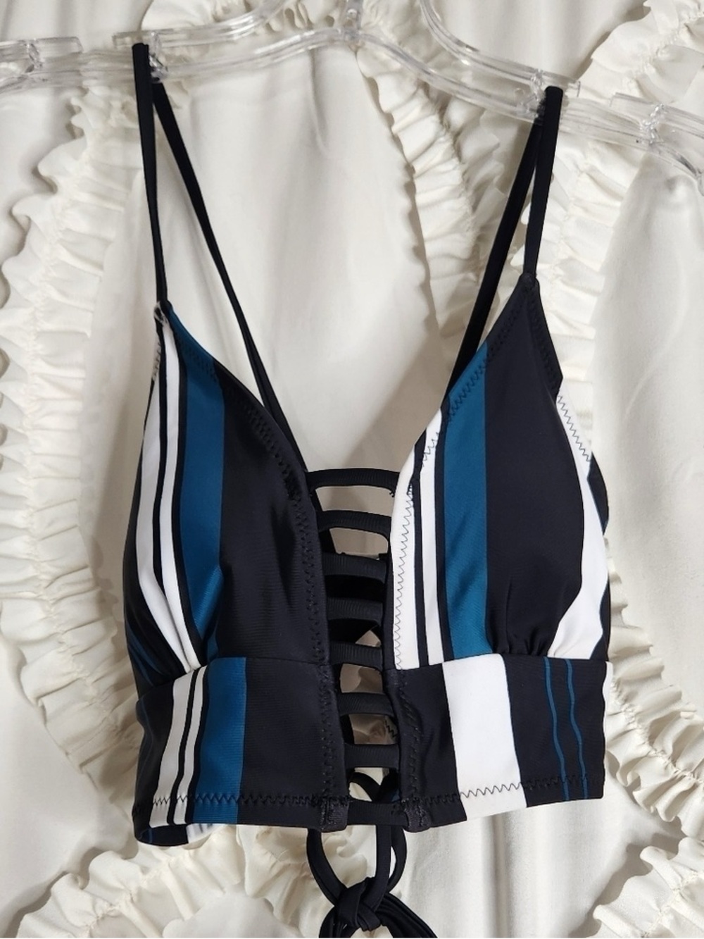 Striped Blue & Black Lace-Up Bralette Top